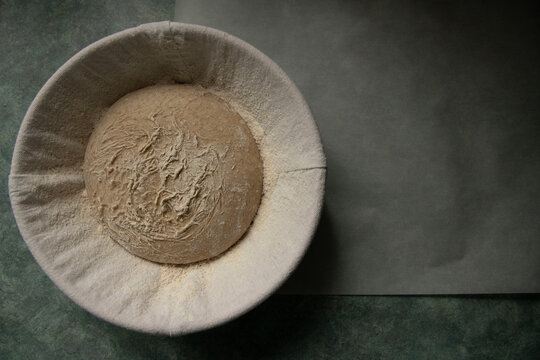 Sour dough bread in a baneton and liner over parchment paper