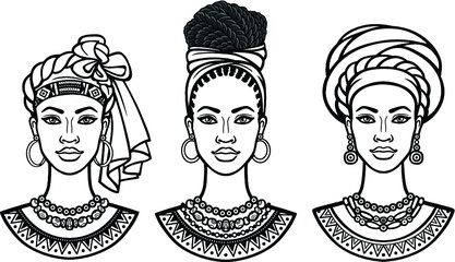African beauty: animation portrait of the  beautiful black woman in  different turbans. Three options. Monochrome drawing. Vector illustration isolated on a white background.