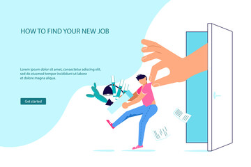 Landing webpage template of dismissal employees. Unemployment, jobless and employee job reduction metaphor. Economic crisis caused by coronavirus. Isolated on purple. Flat Art Vector Illustration