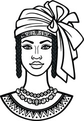 African beauty: animation portrait of the  beautiful black woman in a turban.  Monochrome drawing. Vector illustration isolated on a white background. Print, poster, t-shirt, card.