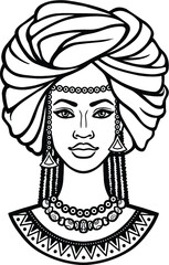 African beauty: animation portrait of the  beautiful black woman in a turban.  Monochrome drawing. Vector illustration isolated on a white background. Print, poster, t-shirt, card.