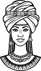 African beauty: animation portrait of the  beautiful black woman in a turban.  Monochrome drawing. Vector illustration isolated on a white background. Print, poster, t-shirt, card.