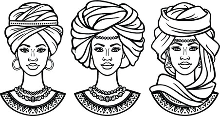 African beauty: set of animation portraits the  beautiful black women in different ancient turbans.  Monochrome drawing. Vector illustration isolated on a white background.Print, poster, t-shirt, card