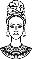 African beauty: animation portrait of the  beautiful black woman in a turban. Monochrome drawing. Vector illustration isolated on a white background. Print, poster, t-shirt, card.