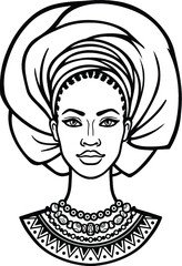 African beauty: animation portrait of the  beautiful black woman in a turban. Monochrome drawing. Vector illustration isolated on a white background. Print, poster, t-shirt, card.