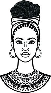 African beauty: animation portrait of the  beautiful black woman in a turban. Monochrome drawing. Vector illustration isolated on a white background. Print, poster, t-shirt, card.