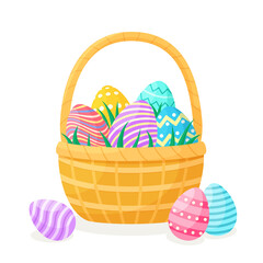 Vector illustration of a wicker basket with Easter eggs. Isolated on a white background. Brightly colored Easter eggs