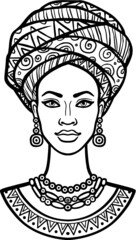 Animation portrait of the young African woman in a turban. Monochrome linear drawing. Vector illustration isolated on a white background. Print, poster, t-shirt, card. 