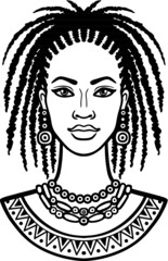 Animation portrait of the young African woman. Monochrome linear drawing. Vector illustration isolated on a white background. Print, poster, t-shirt, card. 