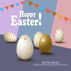 Easter slanting multicolor composition, white eggs with a pattern