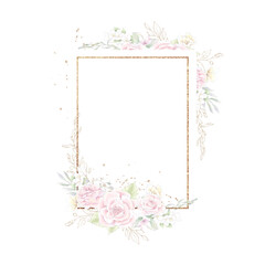 Gold geometric frame with roses. Watercolor illustration