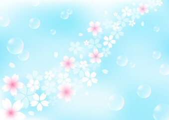 桜とシャボン玉と青空　ベクターイラスト素材（水色背景）