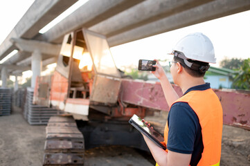Fototapeta na wymiar Smart Asian worker man or male civil engineer with protective safety helmet and reflective vest holding digital tablet using smartphone for taking photo of excavator machine at construction site.
