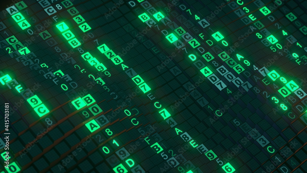 Wall mural wavy lines with glow green computer code. futuristic digital technologies concept. 3d render illustr