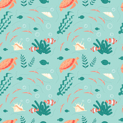 Seamless underwear pattern with turtle and sea fishes on dark blue background. Flat Art Vector illustration.