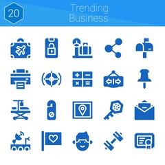 Obraz na płótnie Canvas trending business icon set. 20 filled icons on theme trending business. collection of Email, Satellite dish, Lock phone, Hospitalization, Luggage, Scale, Gps, Printer, Flag