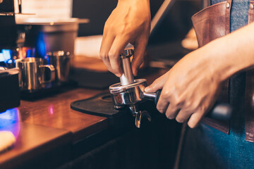 Barista cafe making coffee with coffee machine. Coffee preparation service concept.