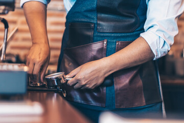 Barista cafe making coffee with coffee machine. Coffee preparation service concept.