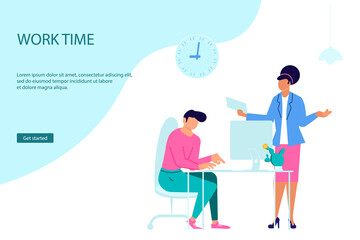 Landing webpage template of business characters working in office. Colleagues or clerks at workplace. Flat Art Vector illustration.