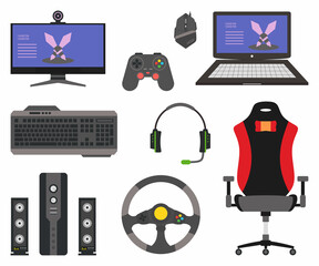 Set collection of digital gaming. Assortment e-sport device such as computer, headphone, gaming chair, joystick, keyboard, mouse, audio speaker, steering wheel and laptop gaming. Vector flat icons