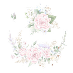 A set of a wreath of delicate roses and orchids. Watercolor illustration