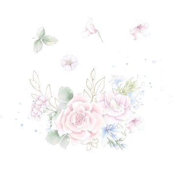 A set of a wreath of delicate roses and orchids. Watercolor illustration © Yuliya