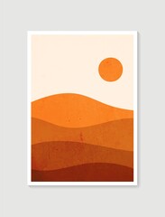 Mountain wall art. Vector earth tones landscapes backgrounds with moon and sun. Abstract arts design for wall framed prints, poster, cover, home decor, canvas prints, wallpaper.