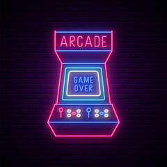 Neon arcade game machine sign . Glowing entertainment emblem, bright advertising banner. Arcade game neon signboard. Vector illustration.