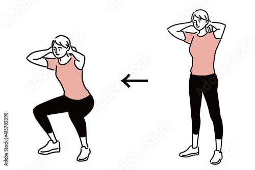 スクワット 運動 女性 エクササイズ イラスト 手描き Background Wall Mural Backgrou トワトワ