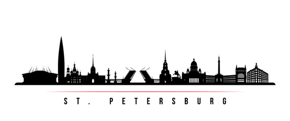 St. Petersburg skyline horizontal banner. Black and white silhouette of St. Petersburg, Russia. Vector template for your design. - obrazy, fototapety, plakaty