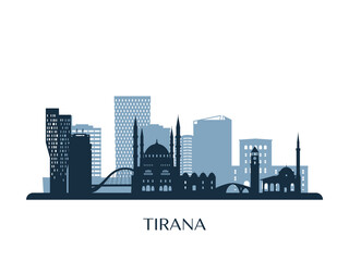 Tirana skyline, monochrome silhouette. Vector illustration. - obrazy, fototapety, plakaty