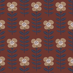 Stylish seamless vector pattern with flowers on the brown background. Beautiful pattern with retro vibe. Vector pattern for textile, fabric and wallpaper.
