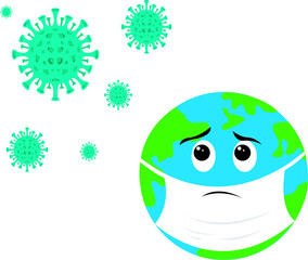 vector illustration of a sad and afraid earth against the covid-19 outbreak, save our earth