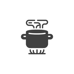 Saucepan on gas stove vector icon. filled flat sign for mobile concept and web design. Cooking pot boiling glyph icon. Symbol, logo illustration. Vector graphics