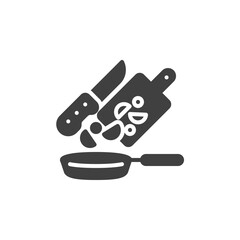 Frying vegetable cooking vector icon. filled flat sign for mobile concept and web design. Adding vegetables into frying pan glyph icon. Symbol, logo illustration. Vector graphics