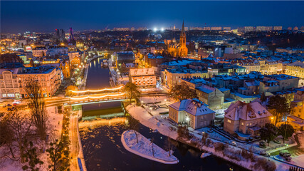 Downtown of Bydgoszcz in winter at dusk, Poland