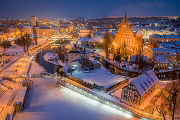 Aerial view of downtown Bydgoszcz at dusk in winter