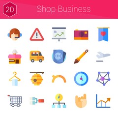 shop business icon set. 20 flat icons on theme shop business. collection of professions and jobs, shop, sign, food truck, networking, competition, clock, beehive, cart