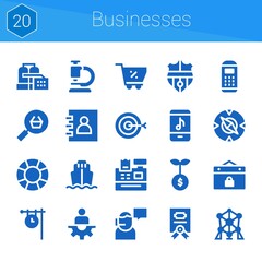 businesses icon set. 20 filled icons on theme businesses. collection of Microscope, Nantes, Support, Growth, Cash register, Atomium, Shopping cart, Payment terminal, Factory