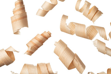 Wood shavings curls isolated on white background
