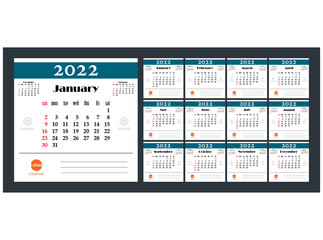 Calendar template for 2022 year. Planner diary design for Corporate and business calendar. Week Starts Sunday