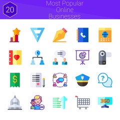most popular online businesses icon set. 20 flat icons on theme most popular online businesses. collection of calendar, agreement, sort ascending, time management, contract