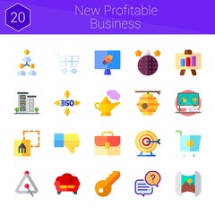 new profitable business icon set. 20 flat icons on theme new profitable business. collection of sofa, mapping, workspace, goal, 360 degrees, dislike, briefcase, graphic design
