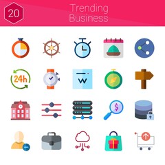 trending business icon set. 20 flat icons on theme trending business. collection of calendar, server, suitcase, university, sign, bag, chronometer, remove user, cart