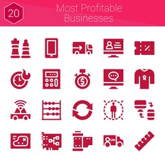 most profitable businesses icon set. 20 filled icons on theme most profitable businesses. collection of Chess, Responsive, Coupon, Van, Finger, Stopwatch, Card, Refresh