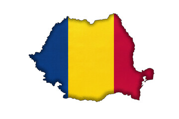 Romania border silhouette with national flag. Contour country on geography map.