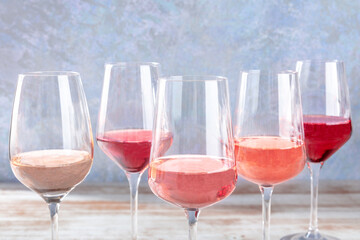 Rose wine, various shades, a side view with copy space