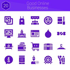 good online businesses icon set. 20 filled icons on theme good online businesses. collection of Chest, Overall, Background, Configuration, Wallet, News reporter, Shopping cart