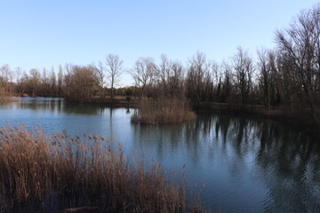 Fototapeta na wymiar Le lac ou plan d'eau des Brotteaux, ville de Blyes, département de l'Ain, France