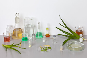 Chemical and biochemical research. Laboratory glassware with chemicals and green fresh aloe vera plants. The use of natural organic extracts in cosmetology and medicine. Green cosmetics concept